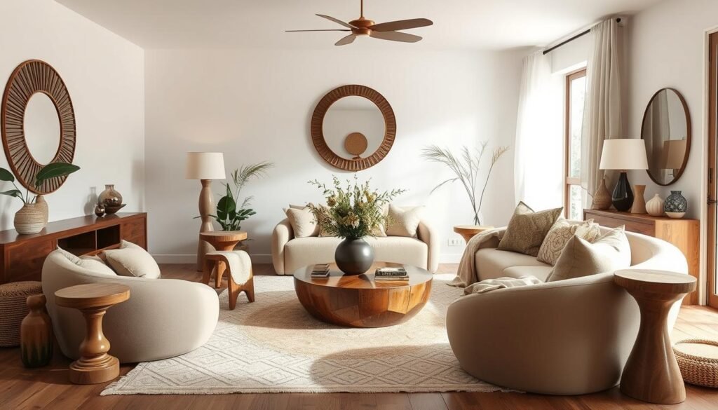 Living room with curved furniture and organic shapes in 2026 Boho Interior Design Trends