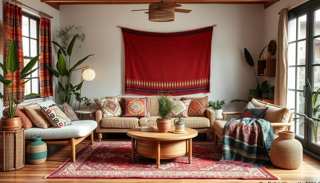 Living space with thoughtfully incorporated global textiles showing 2026 Boho Interior Design Trends