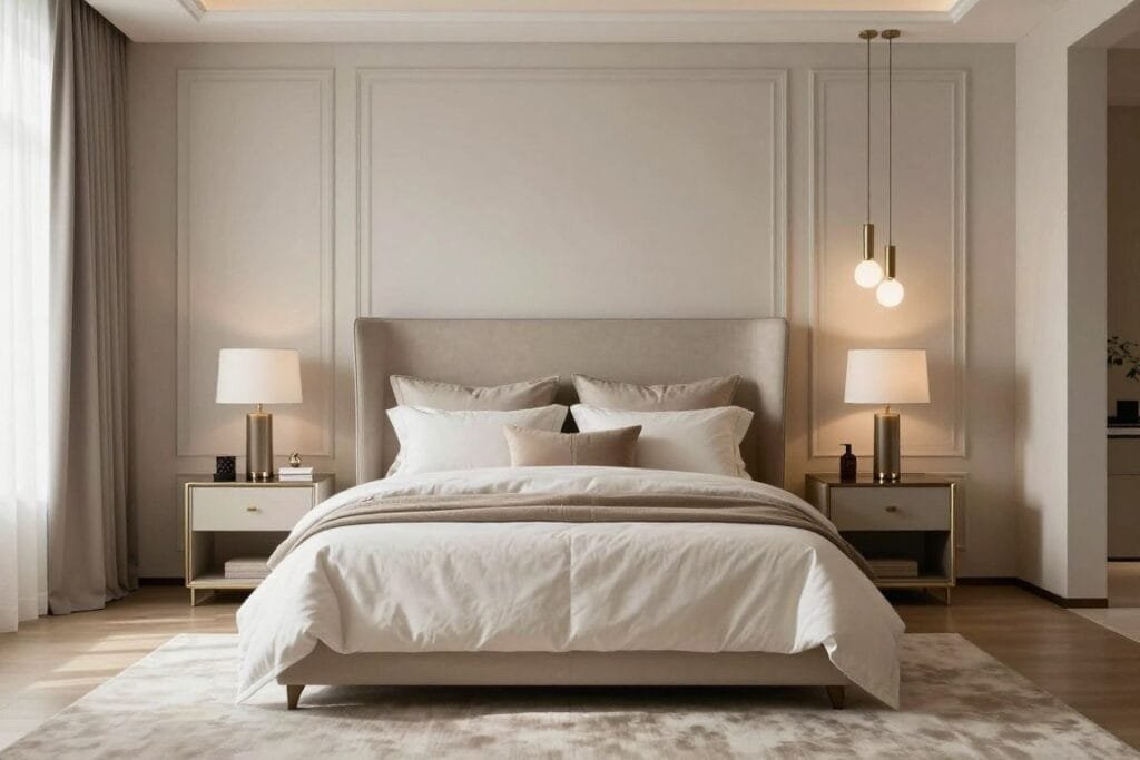 Luxury bedroom with custom headboard, layered textiles, and statement lighting