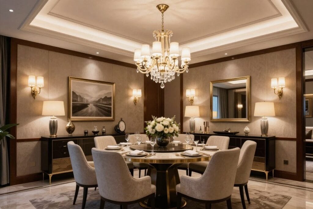 Luxury dining room with statement chandelier and layered lighting