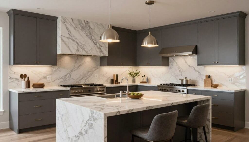 Luxury kitchen with custom cabinetry, professional appliances, and natural stone surfaces