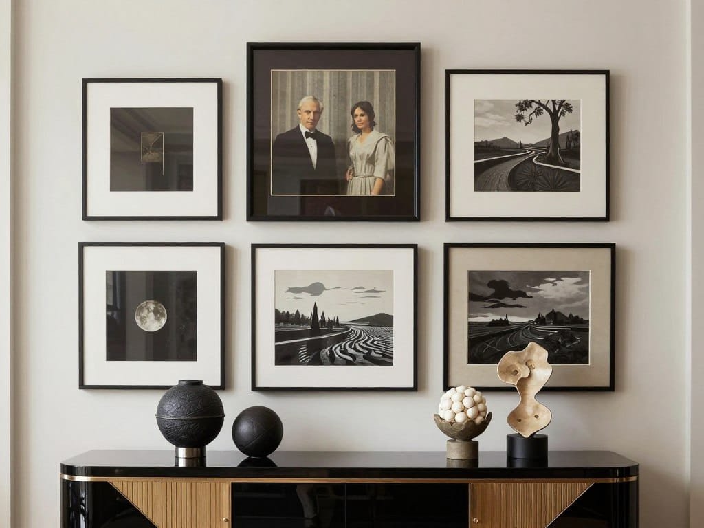 Luxury living room wall with curated art collection and sculptural objects