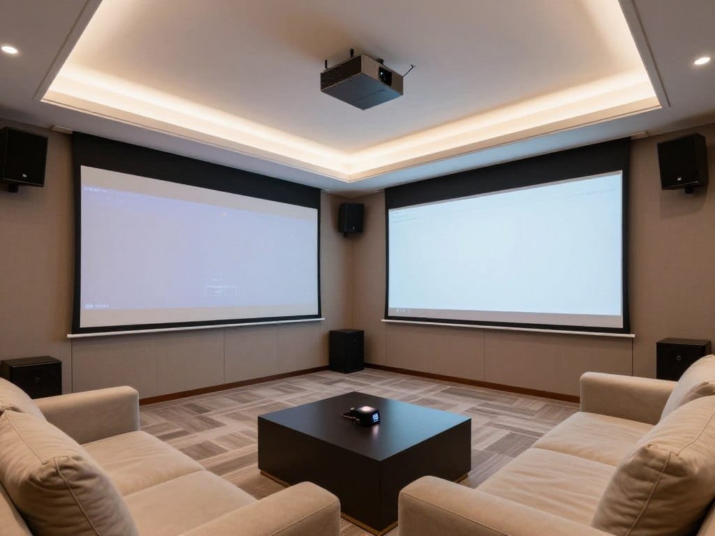 Luxury media room with integrated technology and comfortable seating