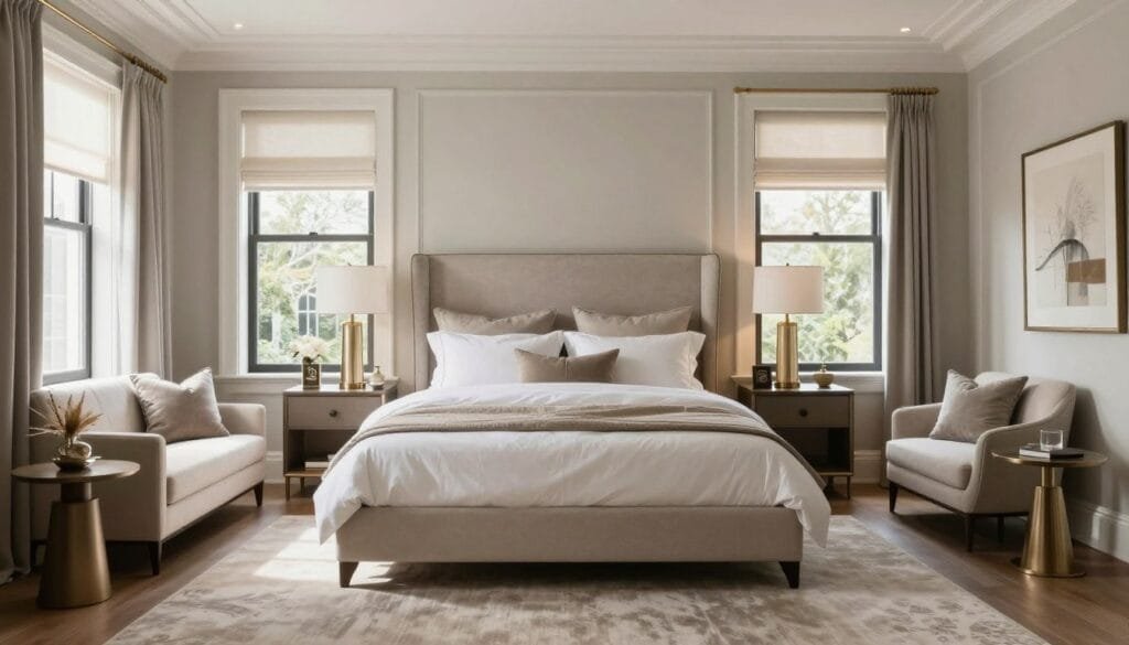 Luxury primary bedroom with custom headboard, high-quality bedding, and sitting area