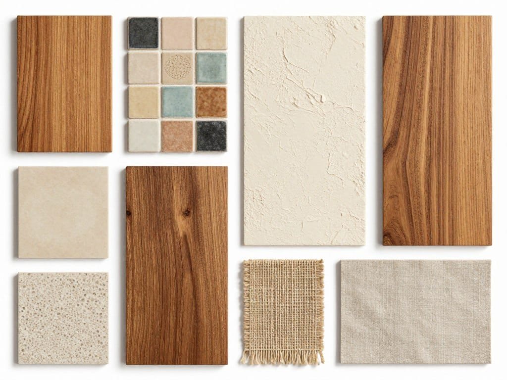 Material palette for small homes in 2026 showing warm woods, textured surfaces, and sustainable options