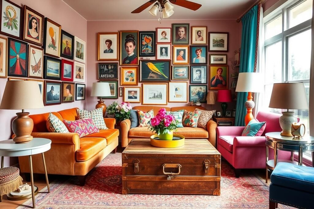 Maximalist interior with thrifted furniture and layered textiles