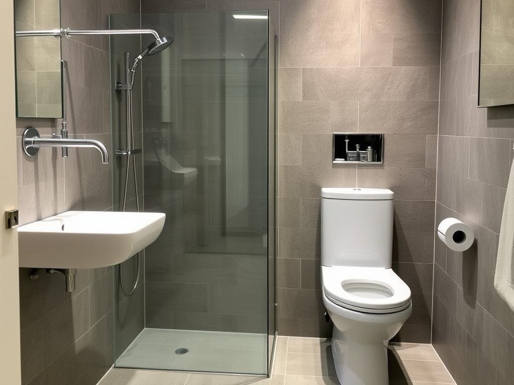 Modern bathroom featuring water-efficient fixtures including low-flow faucet and dual-flush toilet