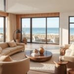 Modern coastal living room featuring warm neutrals, organic textures, and curved furniture with ocean views