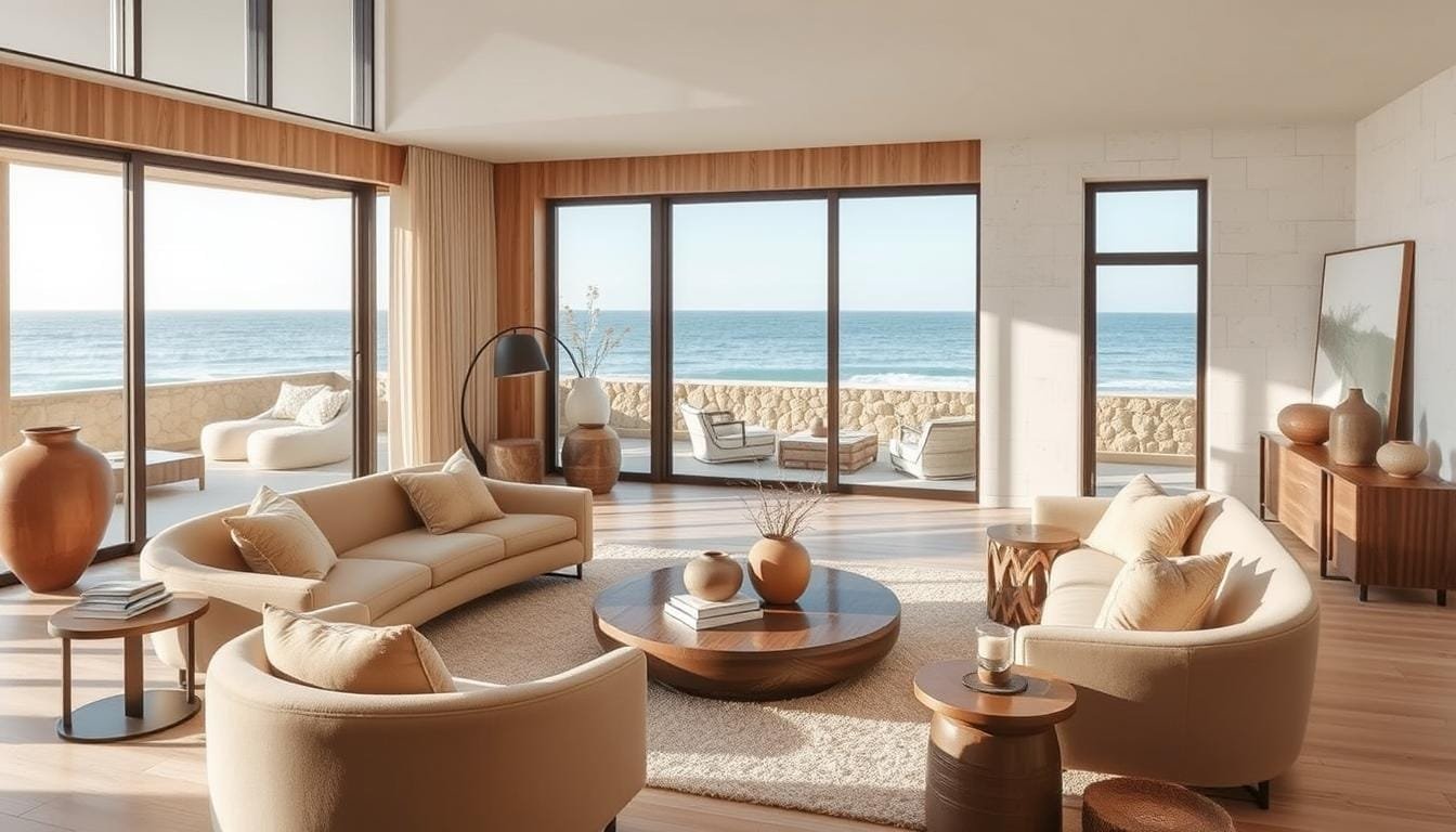 Modern coastal living room featuring warm neutrals, organic textures, and curved furniture with ocean views