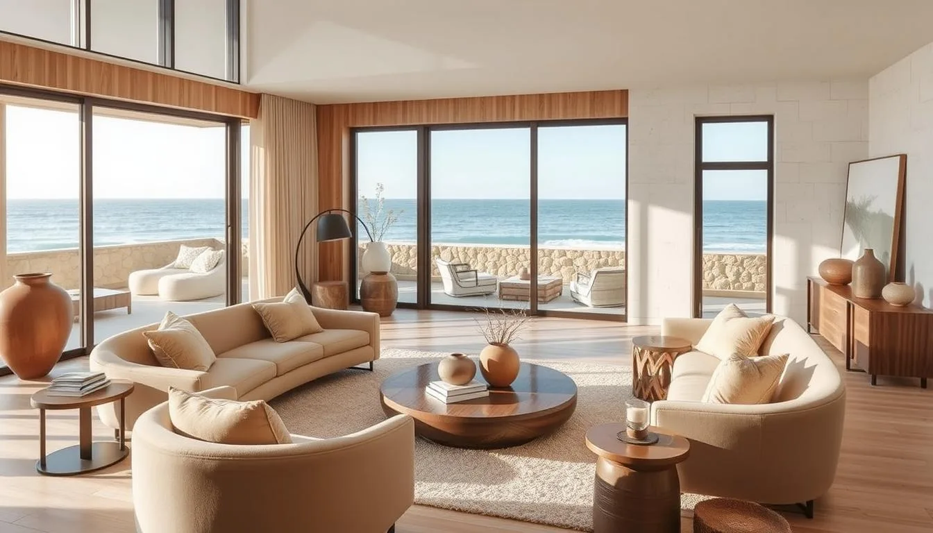 Modern coastal living room featuring warm neutrals, organic textures, and curved furniture with ocean views