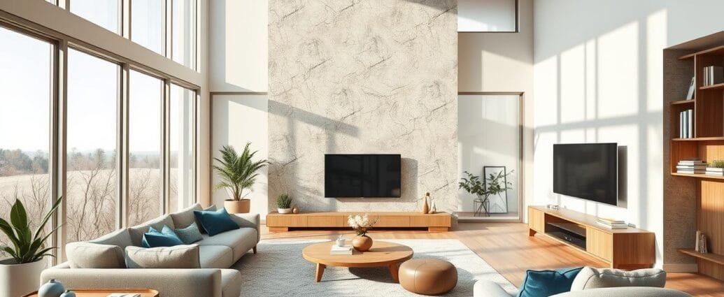Modern living room with hidden smart home technology and natural materials for 2026
