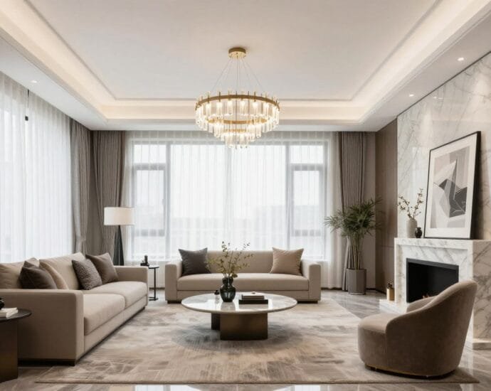 Modern luxury living room with high ceilings, custom furniture, and statement lighting