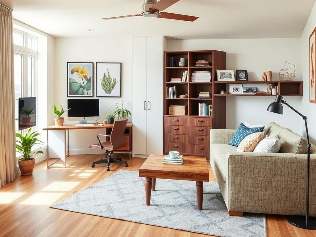 Multifunctional space that serves as both home office and guest room with convertible furniture