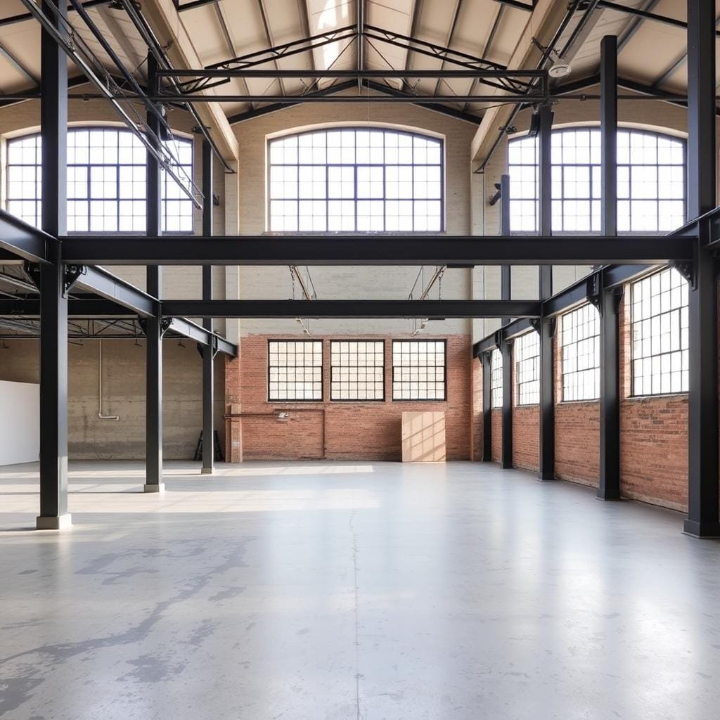 Open industrial loft space with large windows and natural light Open industrial loft space with large windows and natural light