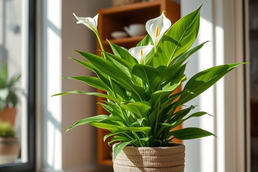 Peace lily with white flowers in a sustainable home setting