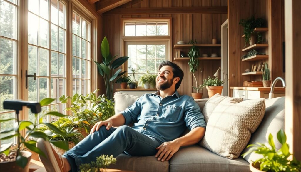 Person enjoying their beautifully designed sustainable home featuring natural materials, plants, and energy-efficient elements demonstrating eco friendly living and sustainability in home interior design