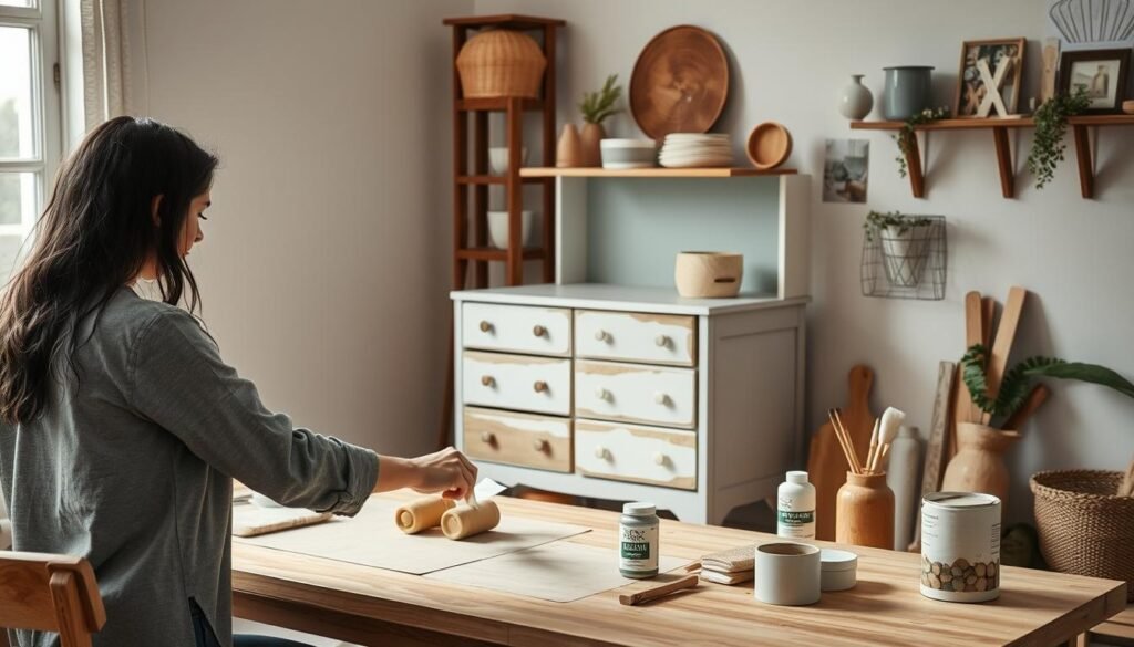 Person practicing sustainable interior design by upcycling furniture and organizing a minimalist, eco-friendly space demonstrating eco friendly living and sustainability in home interior design