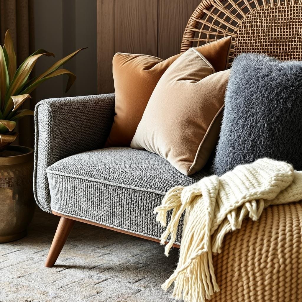 Rich textural combinations showing bouclé, velvet, rattan and other materials in an eclectic setting