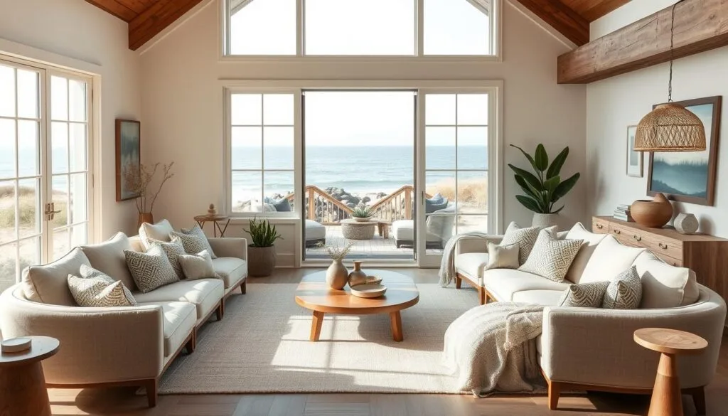 Serene coastal living space embodying the authentic, organic, and sustainable essence of 2026 coastal design