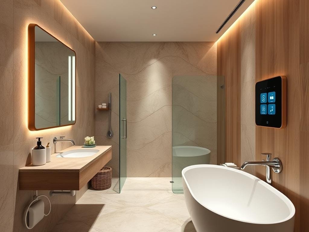 Smart bathroom with wellness technology and natural materials