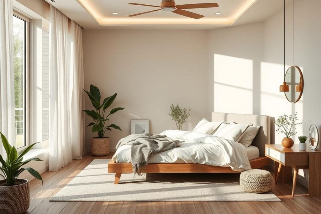 Smart home bedroom with wellness technology and natural elements