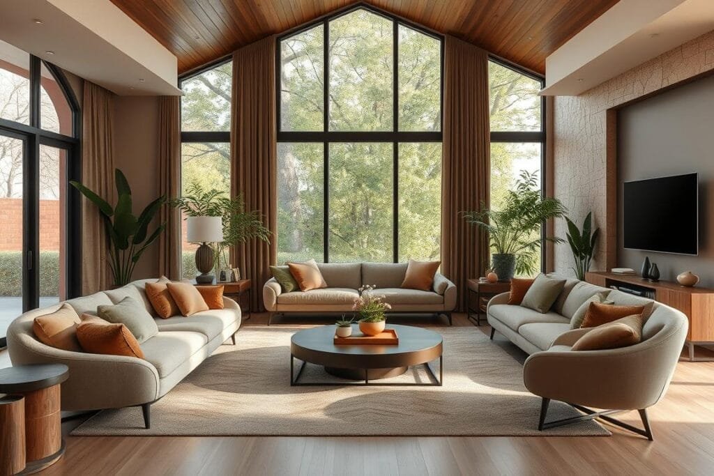 Smart home living room with hidden technology and natural light for 2026 design