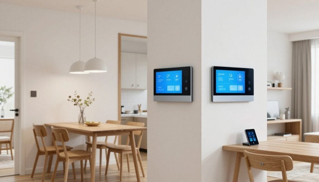 Smart home technology integrated into a small living space in 2026, showing hidden tech and intuitive interfaces