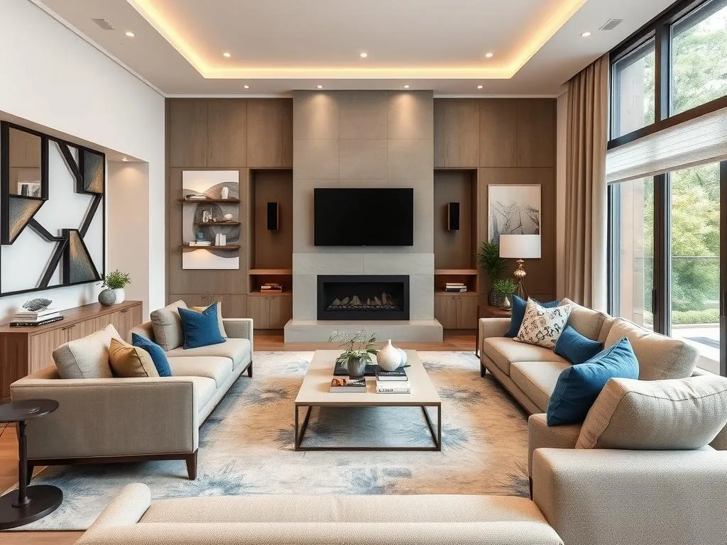 Smart living room with hidden technology and natural materials