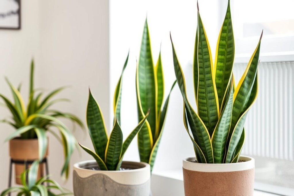 Snake plant in a stylish sustainable planter purifying indoor air