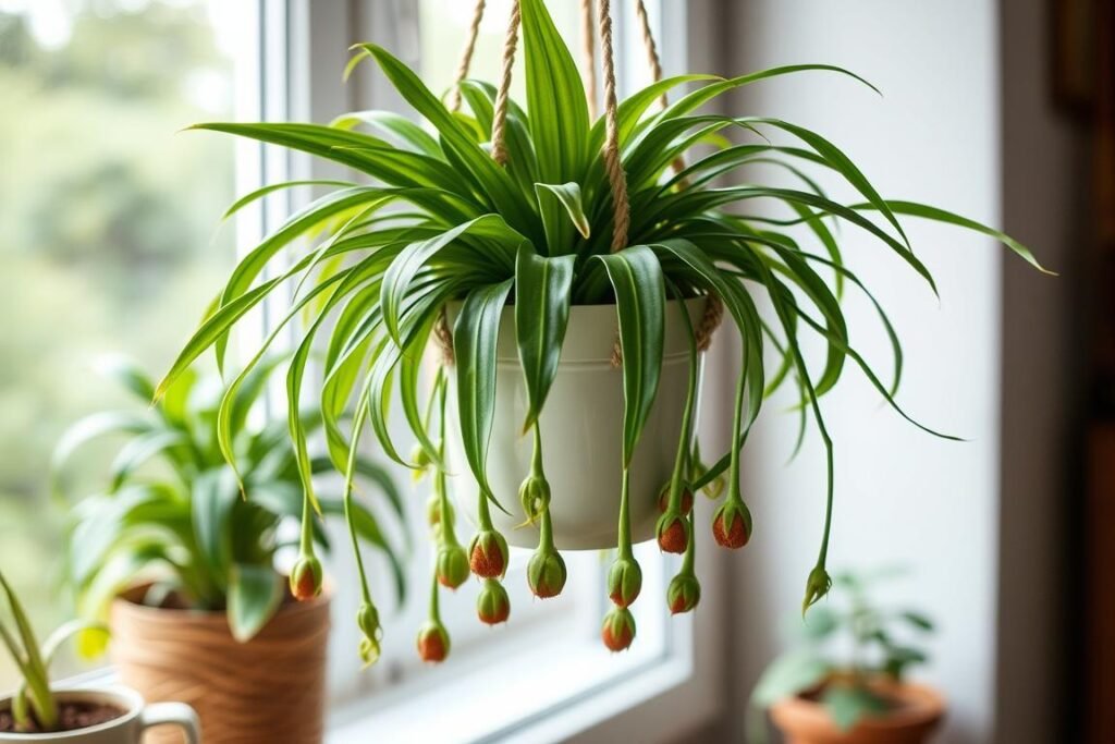 Spider plant with baby offshoots in hanging planter made from sustainable materials