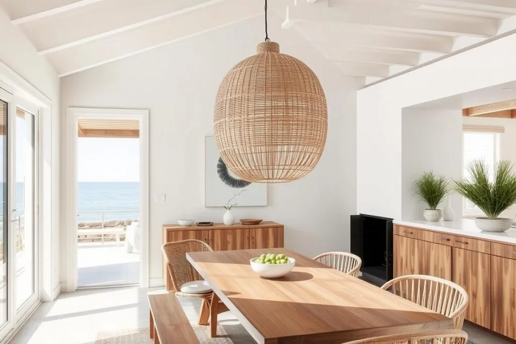 Statement lighting fixtures made from natural materials in a coastal dining space