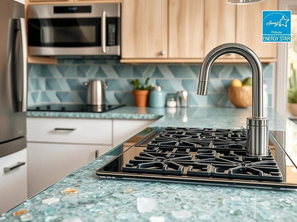 Sustainable kitchen featuring recycled glass countertops and energy-efficient appliances