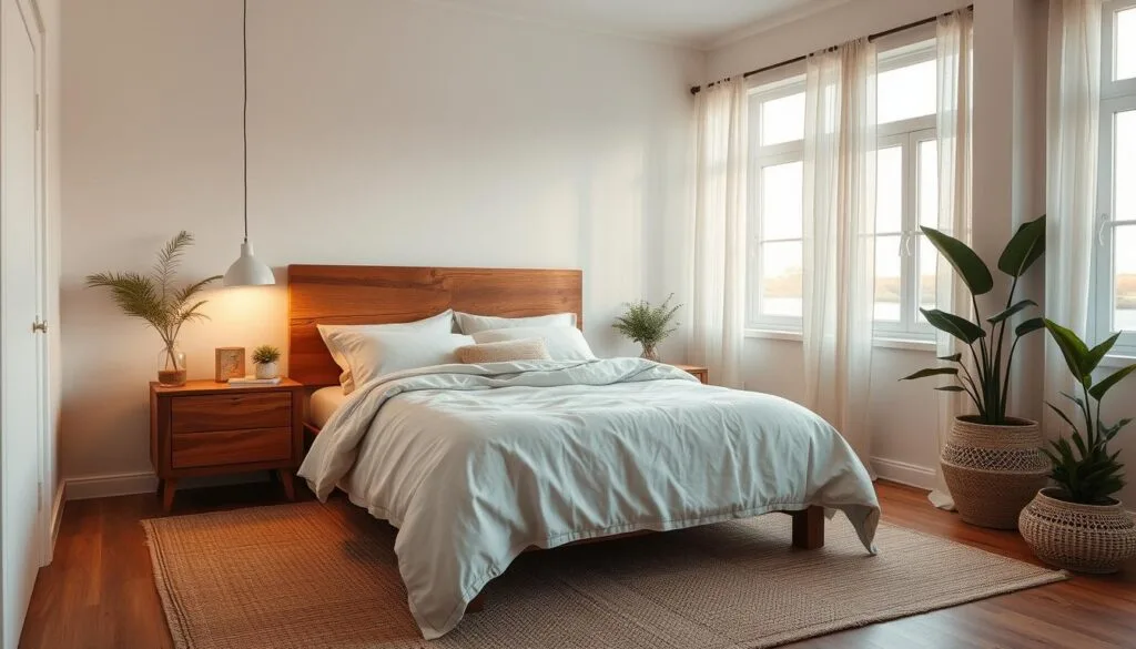 Sustainable materials in a coastal bedroom including organic bedding, reclaimed wood, and energy-efficient design