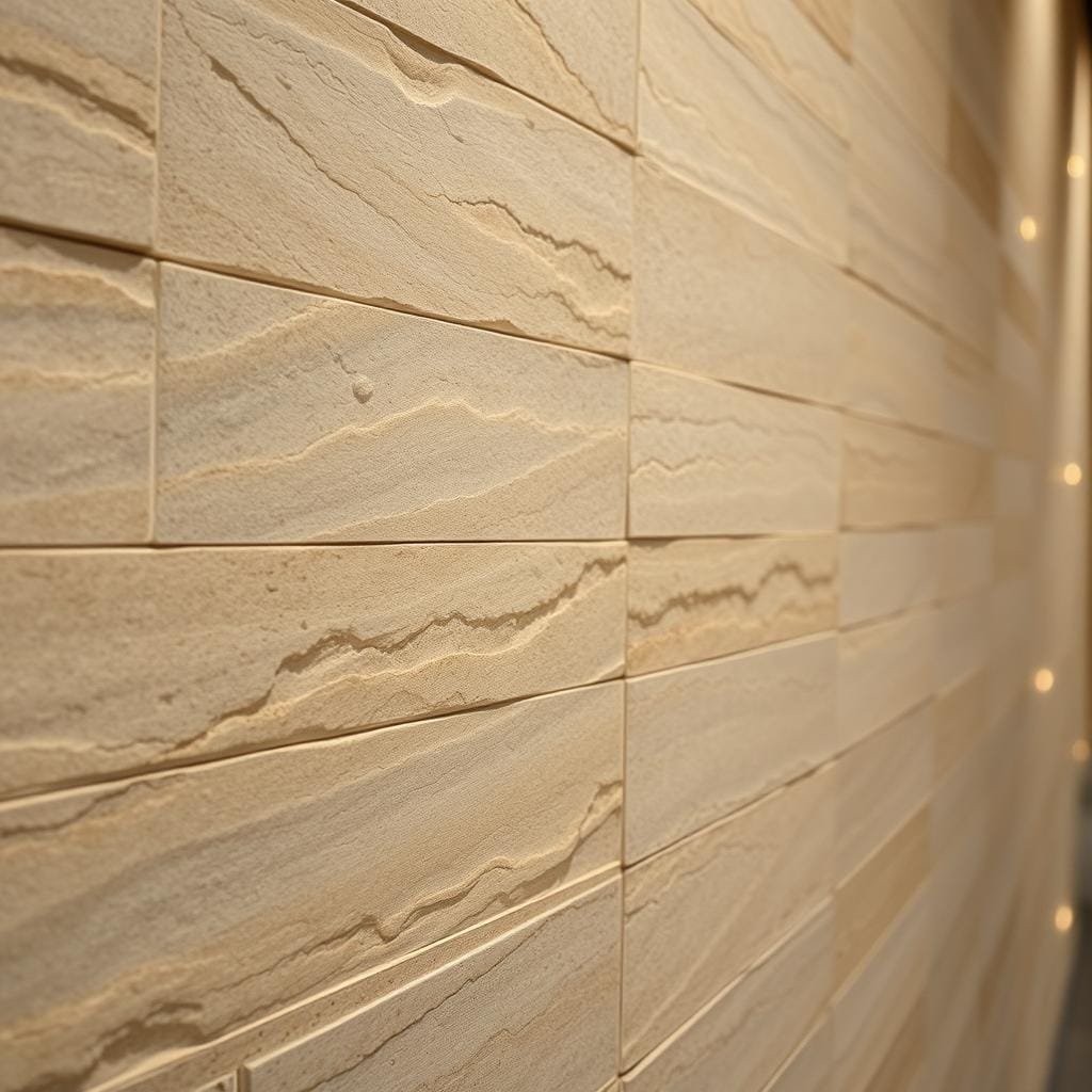 Textured stone wall with embedded smart lighting
