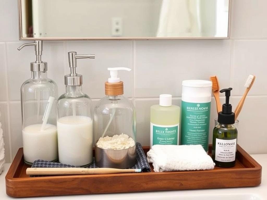 Zero-waste bathroom setup with refillable dispensers and reusable alternatives to single-use products