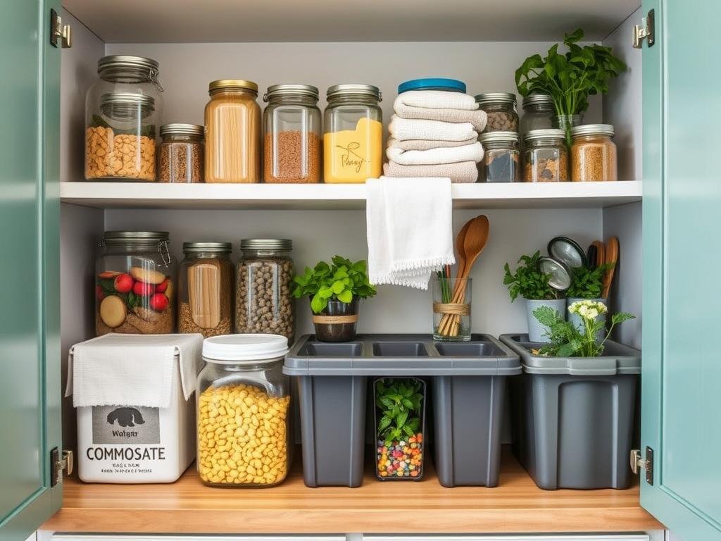 Zero-waste kitchen organization system with glass storage containers and composting station