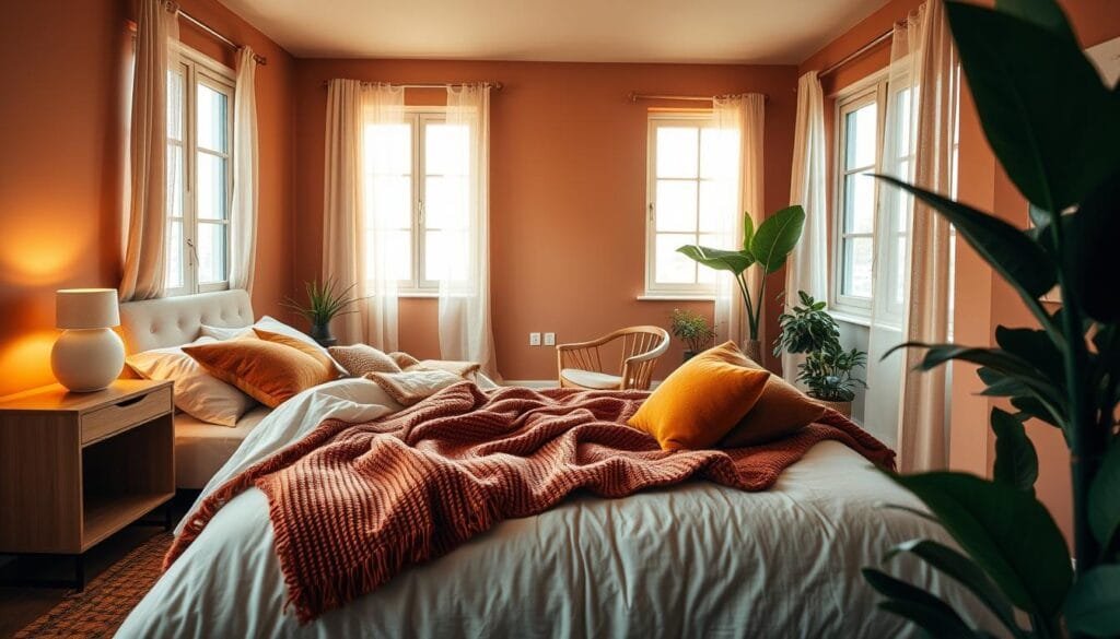 warm tones color drenching bedroom