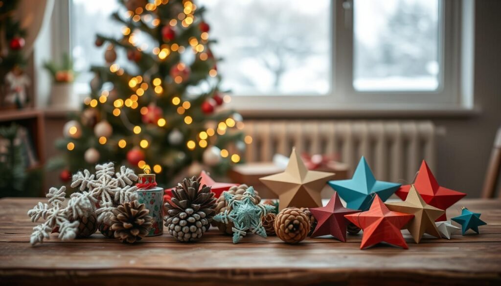 A beautifully arranged collection of creative DIY Christmas tree ornaments on a rustic wooden table. In the foreground, showcase a variety of handmade ornaments, including knitted snowflakes, painted pinecones, and colorful paper stars. The middle ground features a partially decorated Christmas tree adorned with twinkling fairy lights, with a few unique ornaments hanging delicately. In the background, a softly blurred window displays a snowy landscape, allowing gentle, natural light to filter through, casting a warm glow on the scene. The overall atmosphere should feel cozy and inviting, evoking the joyful spirit of the holiday season. Use a shallow depth of field to focus on the ornaments, and capture the image from a slightly elevated angle for an engaging perspective. A beautifully arranged collection of creative DIY Christmas tree ornaments on a rustic wooden table. In the foreground, showcase a variety of handmade ornaments, including knitted snowflakes, painted pinecones, and colorful paper stars. The middle ground features a partially decorated Christmas tree adorned with twinkling fairy lights, with a few unique ornaments hanging delicately. In the background, a softly blurred window displays a snowy landscape, allowing gentle, natural light to filter through, casting a warm glow on the scene. The overall atmosphere should feel cozy and inviting, evoking the joyful spirit of the holiday season. Use a shallow depth of field to focus on the ornaments, and capture the image from a slightly elevated angle for an engaging perspective.
