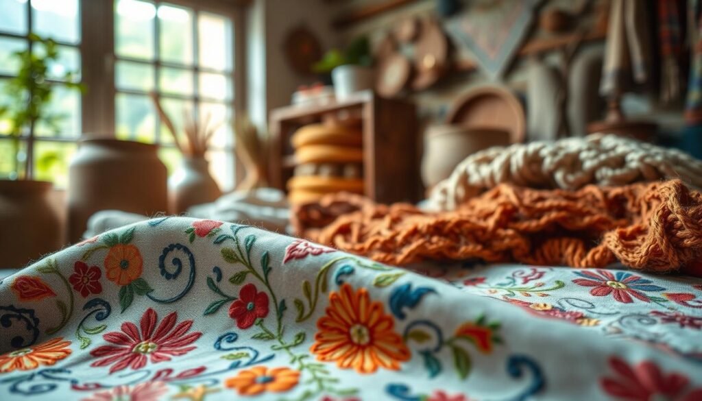 A beautifully arranged collection of textile patterns featuring cotton and wool fabrics, intricately embroidered with vibrant colors and detailed designs. In the foreground, showcase a close-up of a richly embroidered cotton fabric, highlighting delicate stitches and floral motifs. The middle ground presents a variety of wool patterns, displaying textures and weaves in warm, inviting hues. The background should be softly blurred, featuring a cozy, well-lit crafting space with rustic wooden elements and natural light filtering through a window, creating an inviting atmosphere. The overall mood should evoke warmth and creativity, perfect for handmade decor enthusiasts. Focus on soft lighting, with a warm color palette, and a shallow depth of field to emphasize the textiles. A beautifully arranged collection of textile patterns featuring cotton and wool fabrics, intricately embroidered with vibrant colors and detailed designs. In the foreground, showcase a close-up of a richly embroidered cotton fabric, highlighting delicate stitches and floral motifs. The middle ground presents a variety of wool patterns, displaying textures and weaves in warm, inviting hues. The background should be softly blurred, featuring a cozy, well-lit crafting space with rustic wooden elements and natural light filtering through a window, creating an inviting atmosphere. The overall mood should evoke warmth and creativity, perfect for handmade decor enthusiasts. Focus on soft lighting, with a warm color palette, and a shallow depth of field to emphasize the textiles.