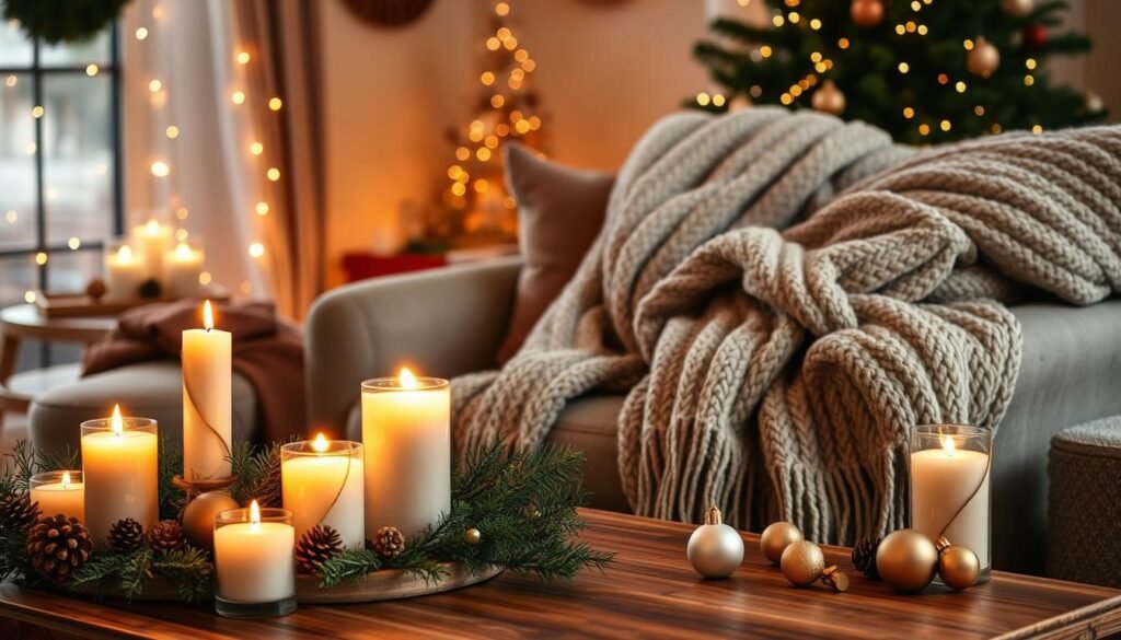 A beautifully arranged cozy Christmas decor scene, featuring an assortment of rustic candles gently flickering in a warm glow, surrounded by soft, textured textiles such as knitted throws and plush pillows. In the foreground, a wooden table holds several candles of varying heights, nestled among evergreen branches and pinecones. In the middle, a luxurious, oversized knitted blanket drapes elegantly over the edge of a comfy armchair, while a few decorative ornaments are scattered nearby. The background reveals a softly lit room with twinkling fairy lights and a subtly decorated Christmas tree, enhancing the warm, inviting atmosphere. The lighting is warm and intimate, resembling a cozy evening at home, captured with a soft focus lens to create an ambiance of comfort and cheer. A beautifully arranged cozy Christmas decor scene, featuring an assortment of rustic candles gently flickering in a warm glow, surrounded by soft, textured textiles such as knitted throws and plush pillows. In the foreground, a wooden table holds several candles of varying heights, nestled among evergreen branches and pinecones. In the middle, a luxurious, oversized knitted blanket drapes elegantly over the edge of a comfy armchair, while a few decorative ornaments are scattered nearby. The background reveals a softly lit room with twinkling fairy lights and a subtly decorated Christmas tree, enhancing the warm, inviting atmosphere. The lighting is warm and intimate, resembling a cozy evening at home, captured with a soft focus lens to create an ambiance of comfort and cheer.