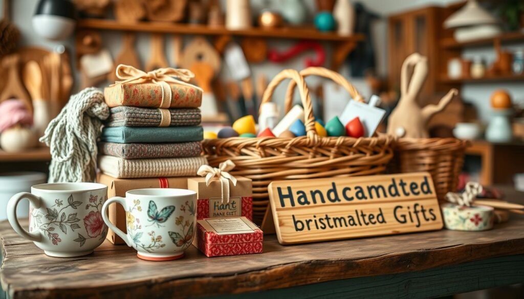 A beautifully arranged display of handcrafted gifts on a rustic wooden table, showcasing a variety of items such as intricately designed pottery, hand-knit scarves, and artisanal soaps. In the foreground, a delicate ceramic mug with floral patterns sits next to a stack of vibrant, hand-painted gift boxes. The middle ground features a charming wicker basket filled with colorful, handcrafted candles, while a small, handmade wooden sign reading "Handcrafted Gifts" adds a personal touch. The background is softly blurred, hinting at a cozy, well-lit workshop filled with crafting tools, creating a warm and inviting atmosphere. The scene is illuminated by gentle, natural lighting that emphasizes the textures and colors of each gift, evoking a sense of creativity and thoughtfulness. A beautifully arranged display of handcrafted gifts on a rustic wooden table, showcasing a variety of items such as intricately designed pottery, hand-knit scarves, and artisanal soaps. In the foreground, a delicate ceramic mug with floral patterns sits next to a stack of vibrant, hand-painted gift boxes. The middle ground features a charming wicker basket filled with colorful, handcrafted candles, while a small, handmade wooden sign reading "Handcrafted Gifts" adds a personal touch. The background is softly blurred, hinting at a cozy, well-lit workshop filled with crafting tools, creating a warm and inviting atmosphere. The scene is illuminated by gentle, natural lighting that emphasizes the textures and colors of each gift, evoking a sense of creativity and thoughtfulness.