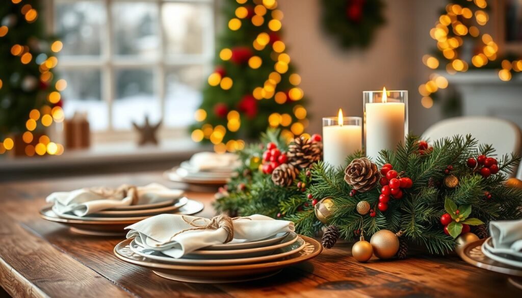 A beautifully arranged holiday table centerpiece featuring a combination of natural elements and festive decorations. In the foreground, a rustic wooden table is adorned with a centerpiece made of pinecones, evergreen branches, and vibrant red berries. Nestled among the greenery are several flickering candles in elegant glass holders, casting a warm glow. The middle ground showcases a set of beautifully set plates with simple white napkins tied with twine, complemented by small ornaments and sprigs of holly. In the background, a softly lit window reveals blurred holiday lights and a hint of falling snow outside, creating a cozy, inviting atmosphere. The lighting is warm and inviting, capturing the spirit of a joyful holiday gathering. The angle is slightly above, allowing for a comprehensive view of the table setup. A beautifully arranged holiday table centerpiece featuring a combination of natural elements and festive decorations. In the foreground, a rustic wooden table is adorned with a centerpiece made of pinecones, evergreen branches, and vibrant red berries. Nestled among the greenery are several flickering candles in elegant glass holders, casting a warm glow. The middle ground showcases a set of beautifully set plates with simple white napkins tied with twine, complemented by small ornaments and sprigs of holly. In the background, a softly lit window reveals blurred holiday lights and a hint of falling snow outside, creating a cozy, inviting atmosphere. The lighting is warm and inviting, capturing the spirit of a joyful holiday gathering. The angle is slightly above, allowing for a comprehensive view of the table setup.