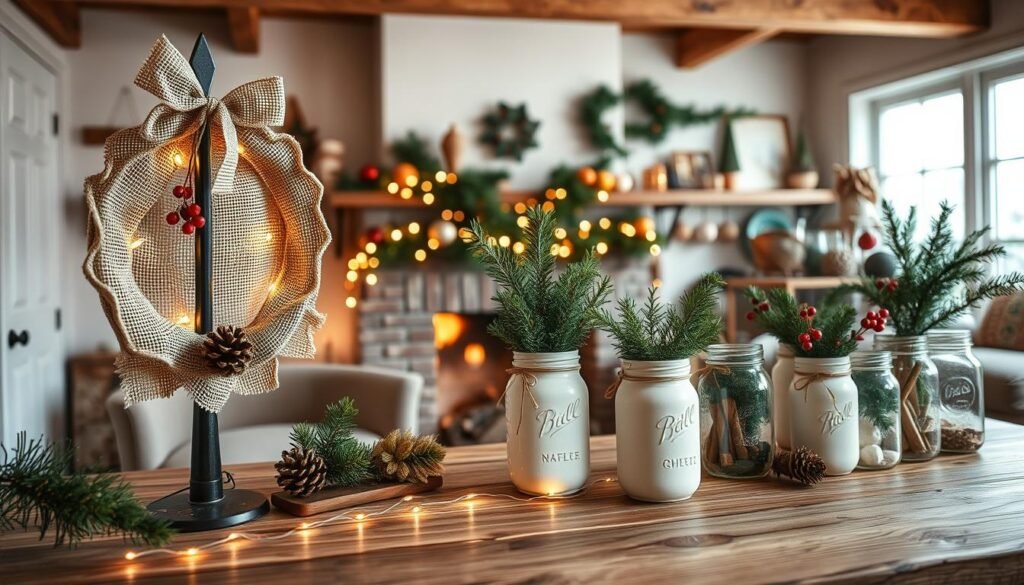 A beautifully arranged scene showcasing rustic DIY projects, set in a cozy, warmly lit room. In the foreground, a wooden table is adorned with handmade Christmas decor: a charming burlap wreath decorated with pinecones and red berries, a string of fairy lights, and an assortment of painted mason jars filled with seasonal greens. In the middle ground, shelves are lined with vintage-style ornaments and natural elements like dried oranges and cinnamon sticks, hinting at an inviting, nostalgic atmosphere. The background features a softly glowing fireplace with wooden beams overhead, enhancing the cozy vibe. The lighting is warm and natural, suggesting a late afternoon glow, evoking a sense of comfort and holiday spirit. The overall mood is cheerful, homely, and nostalgic, embodying the essence of country living with vintage charm.