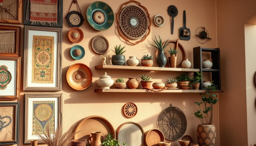 A beautifully arranged wall accents gallery display showcasing an eclectic mix of handmade artisan pieces. In the foreground, there's a variety of wall art framed in rustic wood and vibrant colors, including woven textiles, ceramic plates, and metal sculptures. The middle layer features floating shelves adorned with handcrafted pottery and small plants, creating a lively and inviting atmosphere. The background consists of a softly textured wall painted in a warm, neutral tone that enhances the colors of the accents. Soft, warm lighting bathes the scene, casting gentle shadows that evoke a cozy ambiance. Capture this from a slight angle to provide depth, emphasizing the uniqueness of each piece while maintaining a harmonious overall composition. A beautifully arranged wall accents gallery display showcasing an eclectic mix of handmade artisan pieces. In the foreground, there's a variety of wall art framed in rustic wood and vibrant colors, including woven textiles, ceramic plates, and metal sculptures. The middle layer features floating shelves adorned with handcrafted pottery and small plants, creating a lively and inviting atmosphere. The background consists of a softly textured wall painted in a warm, neutral tone that enhances the colors of the accents. Soft, warm lighting bathes the scene, casting gentle shadows that evoke a cozy ambiance. Capture this from a slight angle to provide depth, emphasizing the uniqueness of each piece while maintaining a harmonious overall composition.