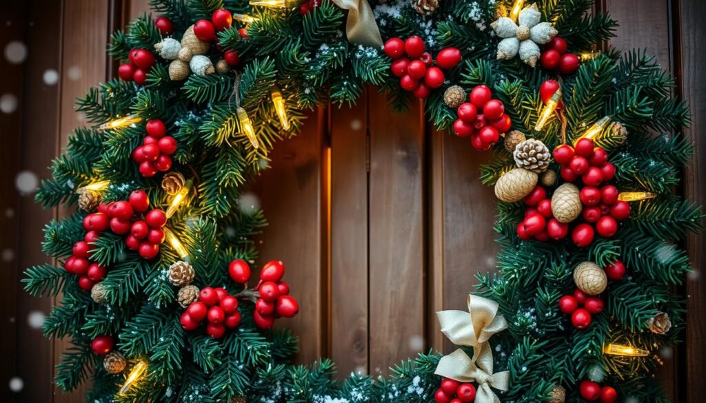 A beautifully crafted Christmas wreath, lush and full, made from deep green pine branches adorned with twinkling fairy lights. In the foreground, vibrant red berries, golden pine cones, and delicate silver ribbons embellish the wreath, adding an air of cozy charm. In the middle, the wreath has a rustic wooden door as its backdrop, with a light dusting of snow on the door's surface, enhancing the festive spirit. Soft, warm light filters through, creating a welcoming glow that invites viewers in. The background features softly blurred snowflakes falling gently, enhancing the winter atmosphere. The overall mood is warm, inviting, and joyful, perfectly embodying the essence of innovative DIY Christmas decorations. A beautifully crafted Christmas wreath, lush and full, made from deep green pine branches adorned with twinkling fairy lights. In the foreground, vibrant red berries, golden pine cones, and delicate silver ribbons embellish the wreath, adding an air of cozy charm. In the middle, the wreath has a rustic wooden door as its backdrop, with a light dusting of snow on the door's surface, enhancing the festive spirit. Soft, warm light filters through, creating a welcoming glow that invites viewers in. The background features softly blurred snowflakes falling gently, enhancing the winter atmosphere. The overall mood is warm, inviting, and joyful, perfectly embodying the essence of innovative DIY Christmas decorations.