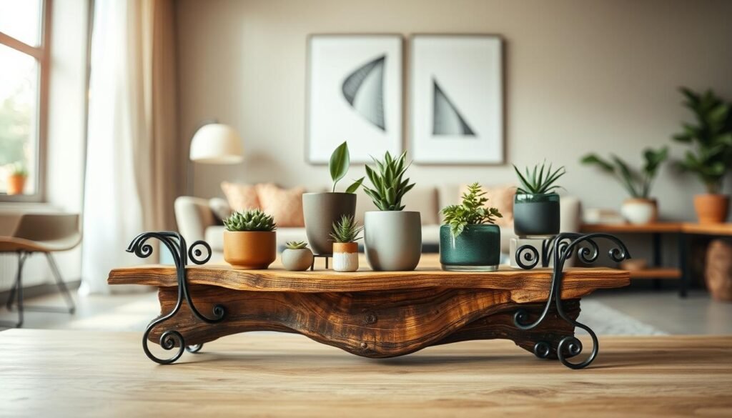 A beautifully crafted functional art piece that serves as both a sculptural display and a practical shelf, made from reclaimed wood and adorned with intricate metalwork. In the foreground, highlight the unique lines and textures of the shelf, where artisan craftsmanship is evident, capturing the warmth of the wood and the shine of the metal. In the middle, display a curated arrangement of indoor plants and decorative objects, illustrating its dual purpose. The background features a softly lit, stylish room with minimalistic decor, emphasizing the shelf as a focal point. Use natural lighting to create a warm, inviting atmosphere, with a slight bokeh effect to enhance depth. The overall mood should evoke a sense of creativity and functionality in handmade decor. A beautifully crafted functional art piece that serves as both a sculptural display and a practical shelf, made from reclaimed wood and adorned with intricate metalwork. In the foreground, highlight the unique lines and textures of the shelf, where artisan craftsmanship is evident, capturing the warmth of the wood and the shine of the metal. In the middle, display a curated arrangement of indoor plants and decorative objects, illustrating its dual purpose. The background features a softly lit, stylish room with minimalistic decor, emphasizing the shelf as a focal point. Use natural lighting to create a warm, inviting atmosphere, with a slight bokeh effect to enhance depth. The overall mood should evoke a sense of creativity and functionality in handmade decor.