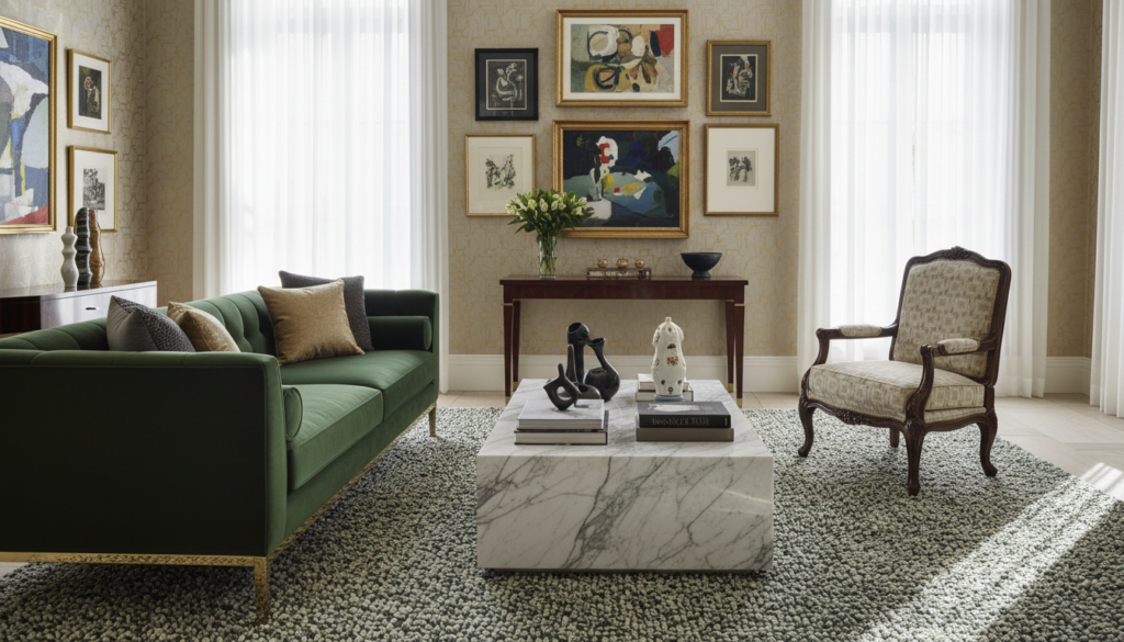 A beautifully curated living space featuring luxury furniture and statement pieces. In the foreground, a plush velvet sofa in deep emerald green with elegant gold accents, complemented by a bold marble coffee table adorned with sculptural decor. The middle section includes a standout armchair with intricate woodwork and an oversized, textured area rug that ties the space together. In the background, a gallery wall showcasing exquisite art pieces and a chic patterned wallpaper enhances the ambiance. Soft, natural light filters through sheer curtains, casting gentle shadows and creating a warm, inviting atmosphere. Capture the richness of textures and colors, evoking sophistication and style from a slightly elevated angle to emphasize depth. A beautifully curated living space featuring luxury furniture and statement pieces. In the foreground, a plush velvet sofa in deep emerald green with elegant gold accents, complemented by a bold marble coffee table adorned with sculptural decor. The middle section includes a standout armchair with intricate woodwork and an oversized, textured area rug that ties the space together. In the background, a gallery wall showcasing exquisite art pieces and a chic patterned wallpaper enhances the ambiance. Soft, natural light filters through sheer curtains, casting gentle shadows and creating a warm, inviting atmosphere. Capture the richness of textures and colors, evoking sophistication and style from a slightly elevated angle to emphasize depth.