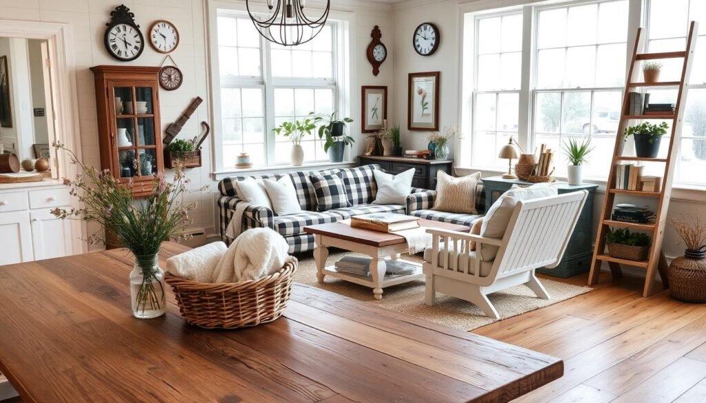 A beautifully decorated farmhouse interior, showcasing a variety of rustic decor ideas. In the foreground, a wooden farmhouse table is adorned with a simple vase of wildflowers and a cozy woven basket filled with soft blankets. Moving to the middle, a vintage plaid sofa sits beside a distressed wood coffee table, flanked by a pair of whitewashed armchairs. The background features large windows letting in natural light that bathes the scene in a warm glow, emphasizing the meticulously arranged farmhouse-style accessories, such as antique clocks, framed botanical prints, and a rustic ladder shelf brimming with books and plants. The atmosphere is inviting and comforting, evoking a sense of homey elegance through the use of muted, earthy colors and natural textures.