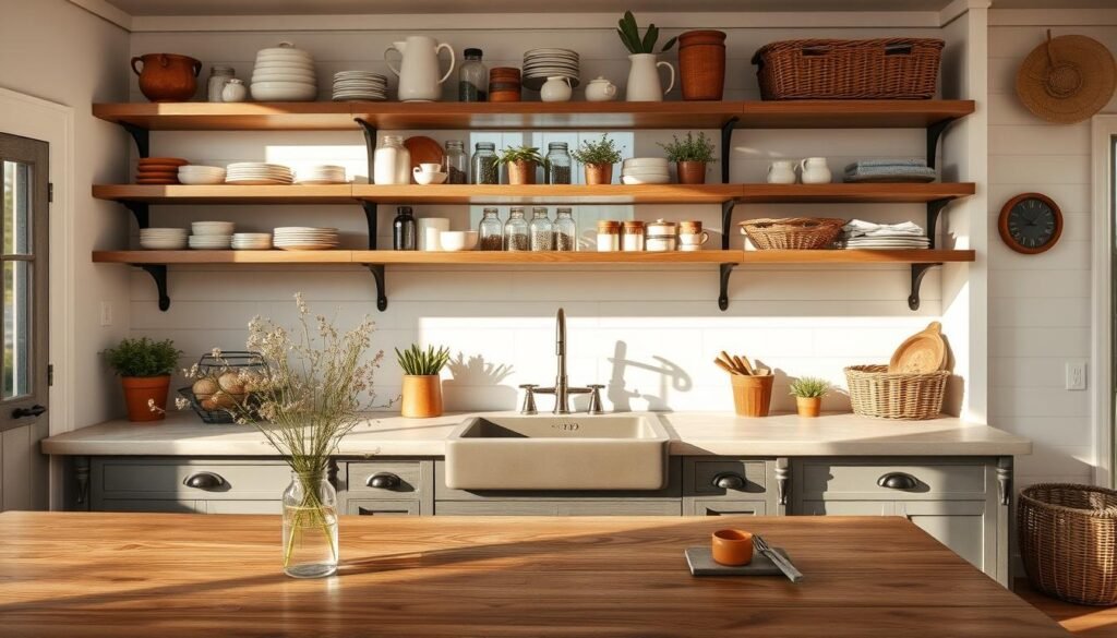 A beautifully designed farmhouse kitchen featuring open shelving, displaying an array of rustic dishes, mason jars, and potted herbs. In the foreground, a large wooden farmhouse table with a simple vase of wildflowers adds a touch of charm. The middle ground showcases the open shelving above a vintage-style sink, with sunlight streaming in through a window, creating soft shadows and illuminating the textures of wood and ceramic. In the background, light-colored walls with shiplap accents and woven baskets provide warmth and coziness. The scene is enhanced by natural light, a warm color palette, and an inviting atmosphere, evoking the essence of a welcoming farmhouse kitchen ideal for gathering and cooking.