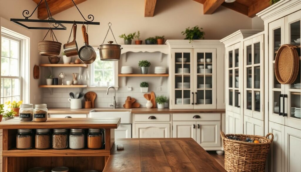 A beautifully designed farmhouse kitchen showcasing functional storage solutions. In the foreground, a rustic, wooden island features open shelving with neatly arranged mason jars filled with spices and grains. Hanging above, vintage metal racks hold kitchen utensils and pots, adding character. The middle ground highlights cabinetry with a distressed white finish, featuring wrought-iron handles and glass-front doors revealing neatly organized dishes and cookware. In the background, a large window allows warm natural light to fill the space, illuminating soft, neutral-toned walls and wooden beams. The atmosphere feels cozy and inviting, with potted herbs on the windowsill and a woven basket filled with fresh produce. Capture the scene from a slightly elevated angle to emphasize the depth and functionality of the kitchen.